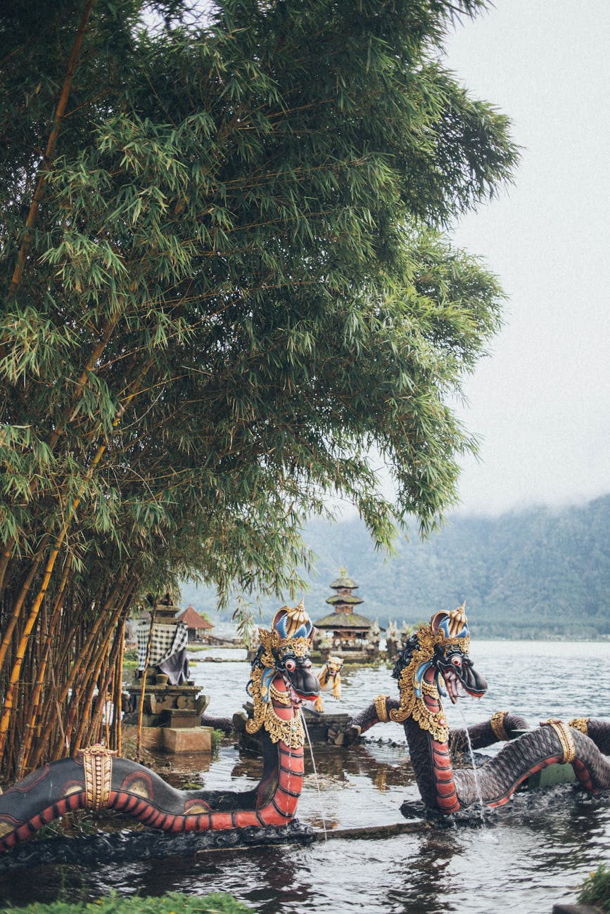 dragon statues in water