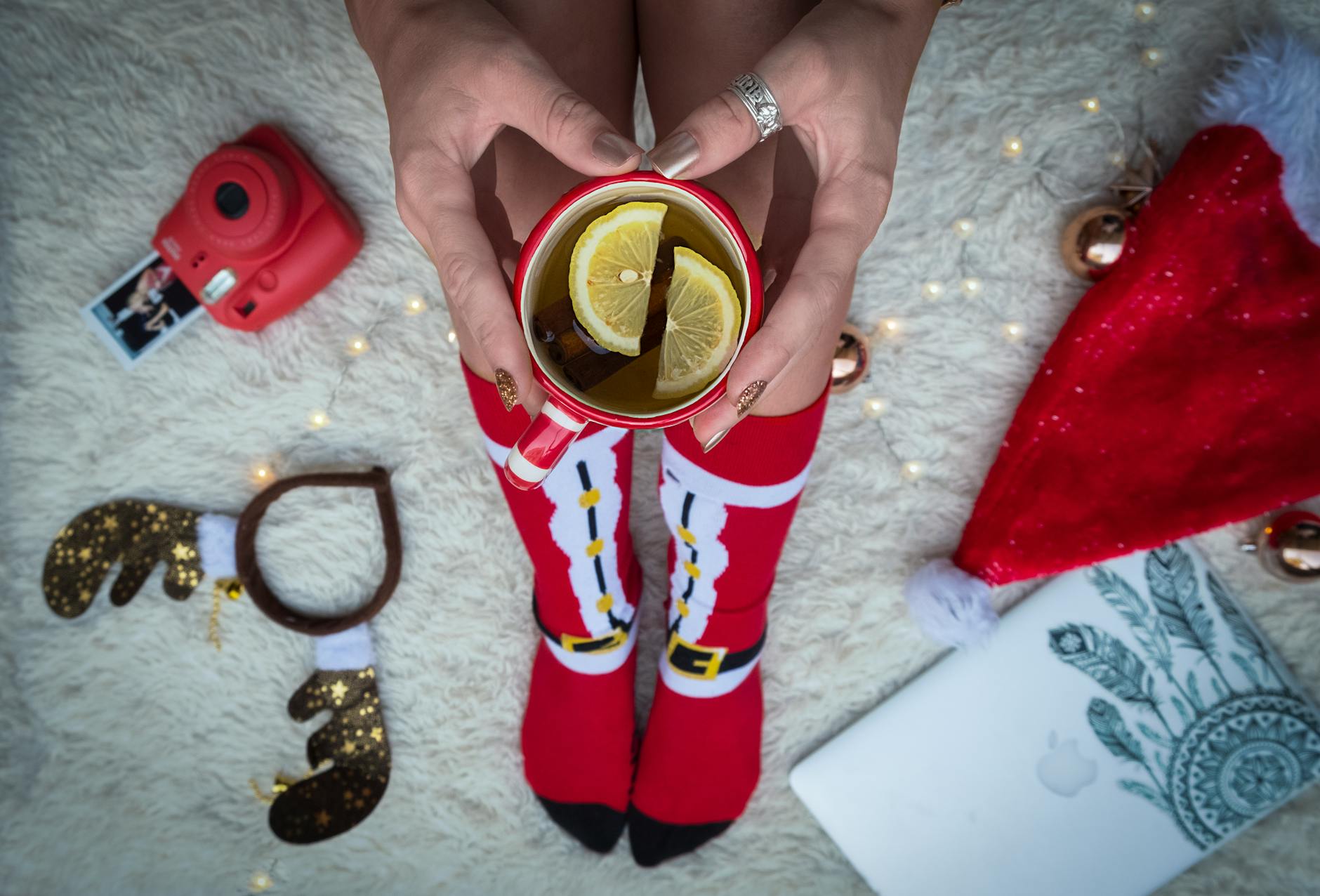 sliced citrus inside mug surrounded by festive chistmas costumes