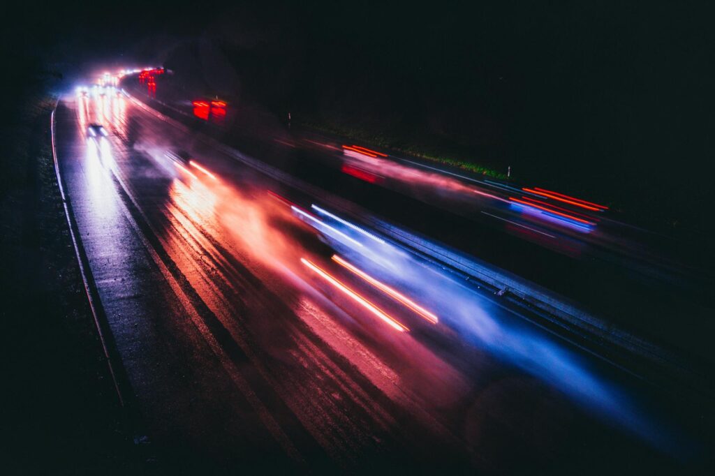 light streaks of motor vehicles on the road