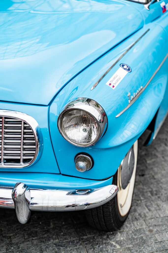 vintage blue car close up in bratislava