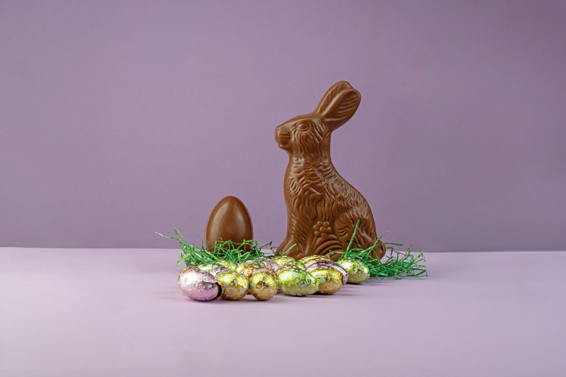 easter chocolate bunny with decorated eggs