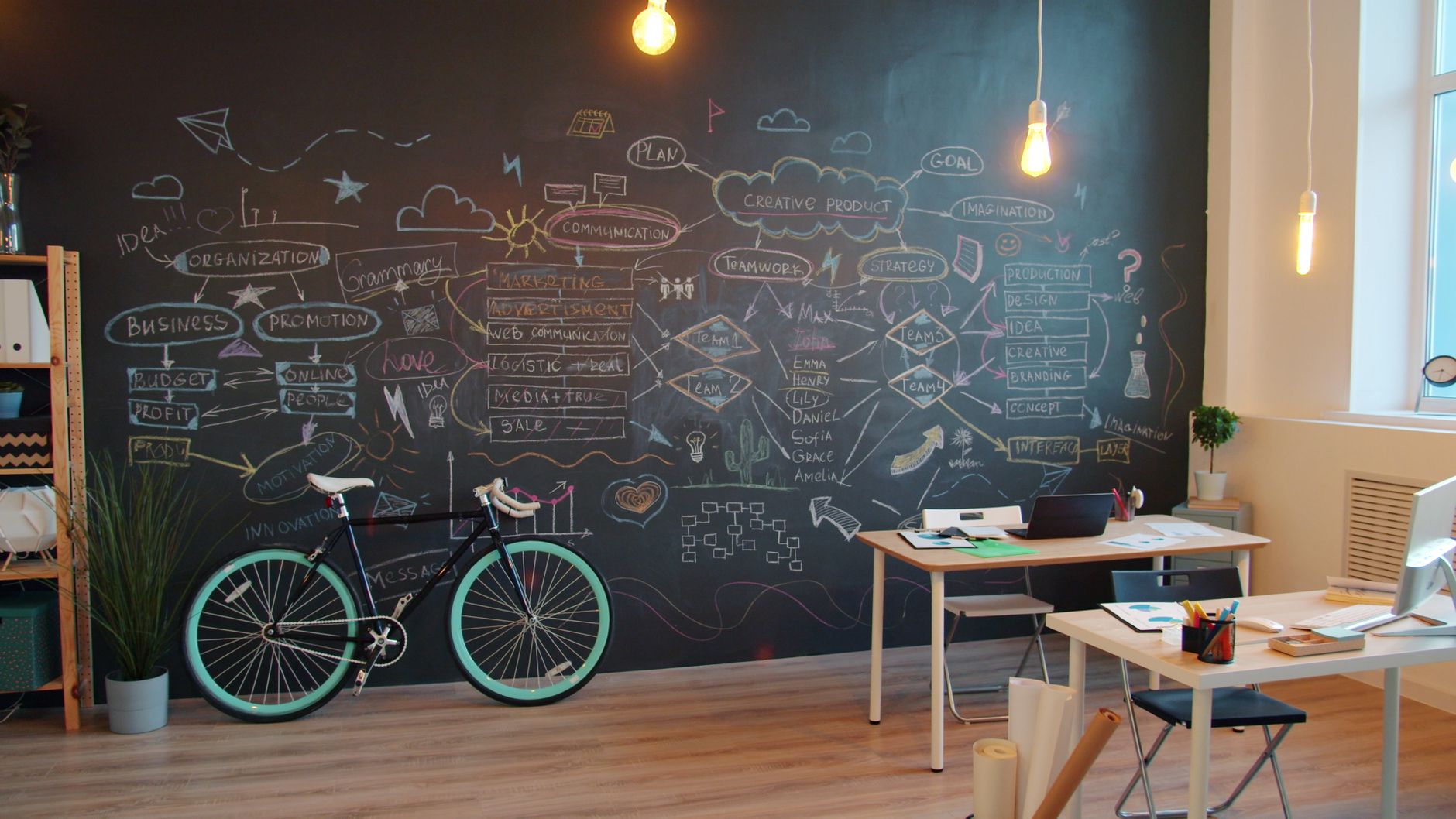 creative office workspace with chalkboard design